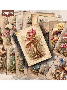 Scrapbooking Junk Journals Vintage Illustrations Mushroom Flower & Butterfly